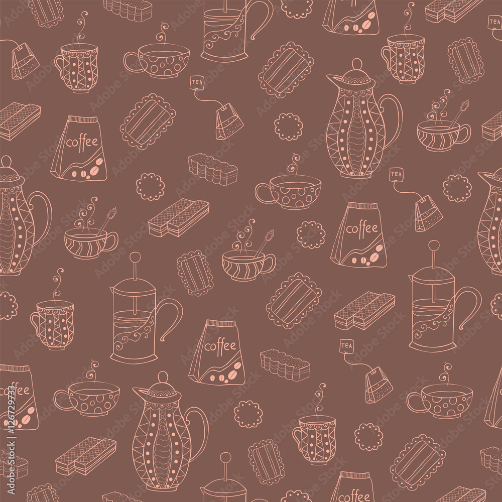 Seamless vector pattern with biscuits, waffles, marmalade, mugs and teapots.