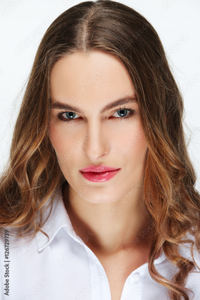 Closeup portrait of fashion model with natural makeup, blue eyes Closeup portrait of fashion model with natural makeup, blue eyes
