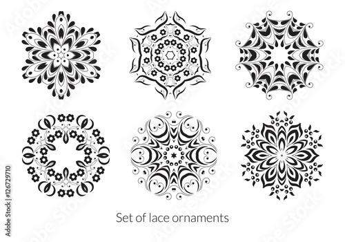 Set of lace ornaments for your design on a white background. Vector round patterns with many details. Black and white collection.