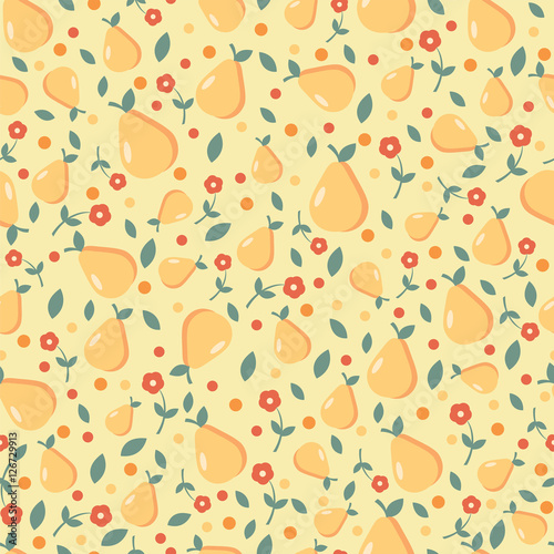 Fototapeta Naklejka Na Ścianę i Meble -  Seamless pattern with ripe pears and red flowers on the yellow background. EPS10 vector illustration.
