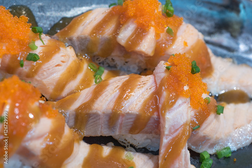 Salmon Aburi Roll, Salmon Aburi Sushi, Salmon aburi saikyo sushi photo