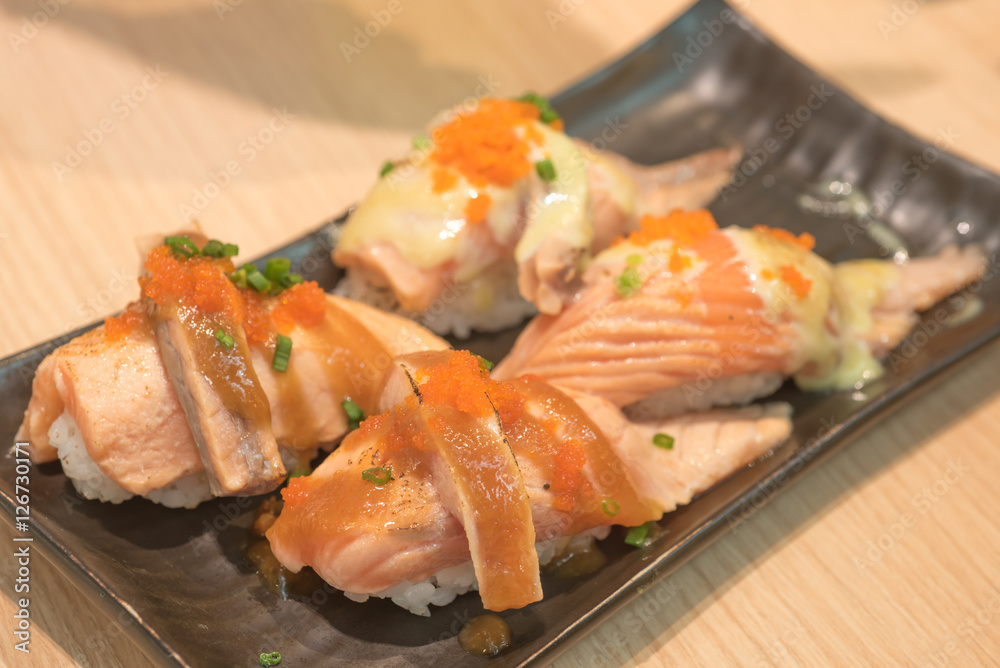 Salmon Aburi Roll, Salmon Aburi Sushi, Salmon aburi saikyo sushi Salmon Aburi Roll, Salmon Aburi Sushi, Salmon aburi saikyo sushi