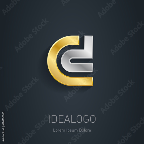 C and D initial, silver and gold logo. Metallic 3d icon or logot