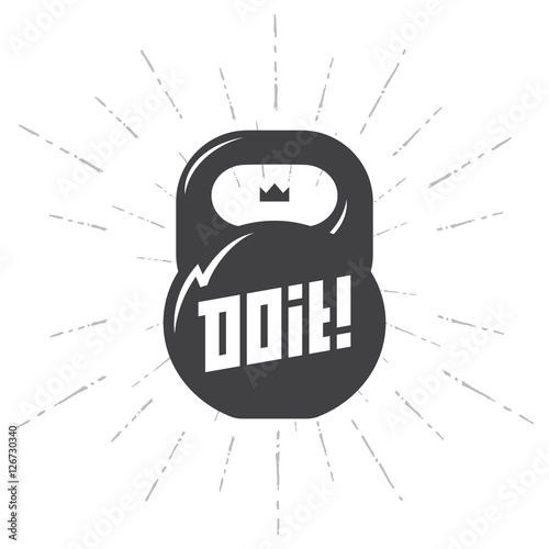One black kettlebell on white background with motivation text -