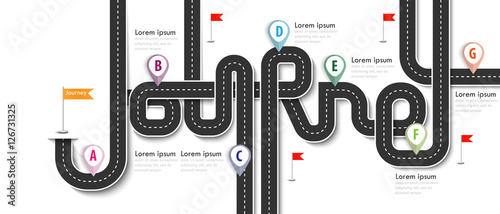 Road trip and Journey route. Business and Journey Infographic Design Template with flags and place for your data. Winding roads on a white background. Vector EPS 10 photo