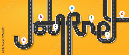 Road trip and Journey route. Business and Journey Infographic Design Template with pin pointer. Winding road on a colorful background. Stylish streamers. Vector EPS 10
