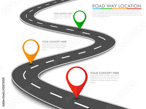 Road way location info-graphic template with pin pointer. Vector background