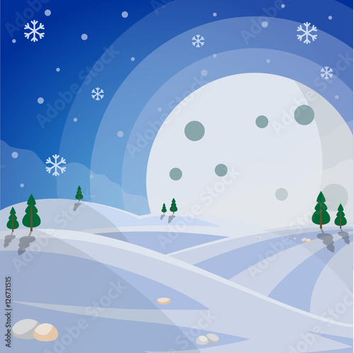 snow winter mountain with moon and tree landcape vector illustration
