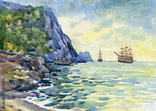 Ships at the sea shore. Watercolor painting
