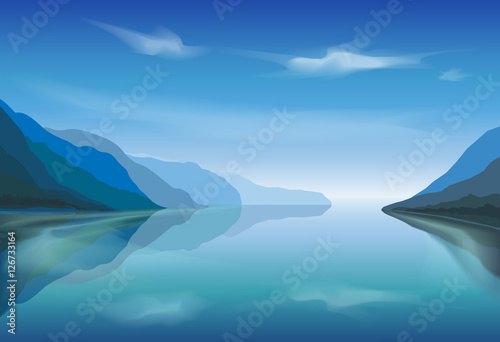Vector landscape of a mountain lake in the morning
