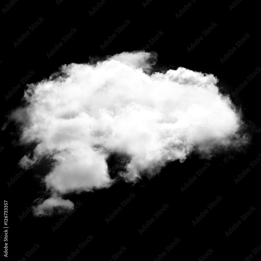 Single white fluffy cloud flying over black background