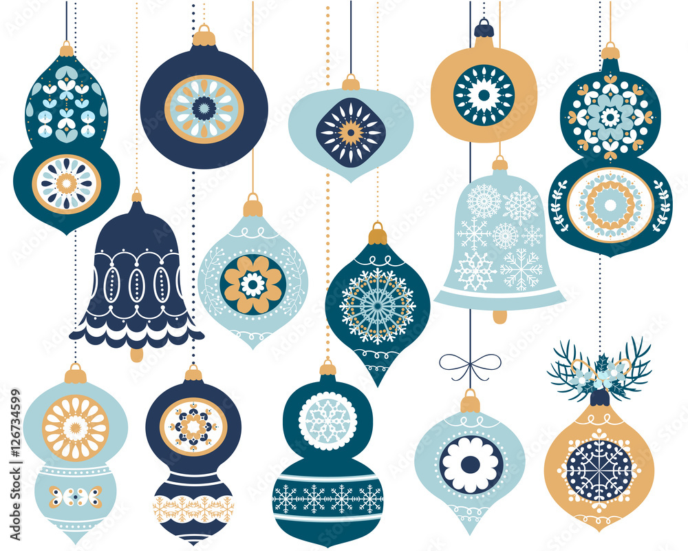 Set of blue retro Christmas ornaments, Hanging decoration