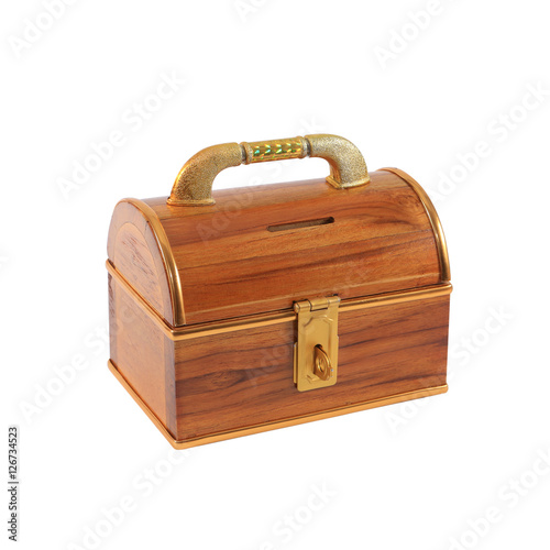 treasure chest money box with a coin slot isolated on white