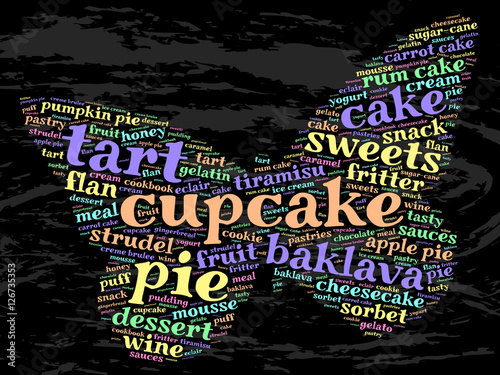 Cupcake. Word cloud, butterfly, grunge background.  Food concept.