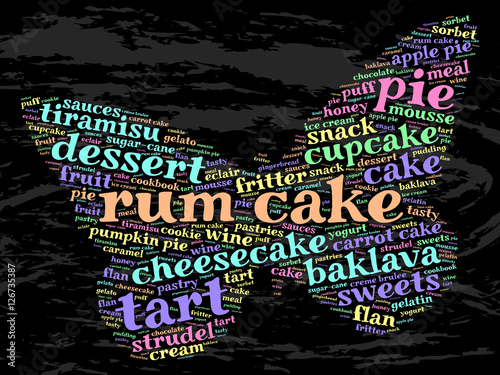 Rum cake. Word cloud, butterfly, grunge background.  Food concept.