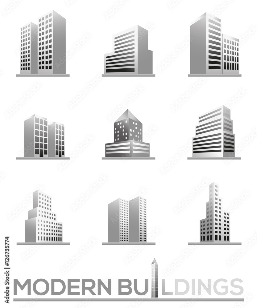 Modern buildings perspective view vector icons