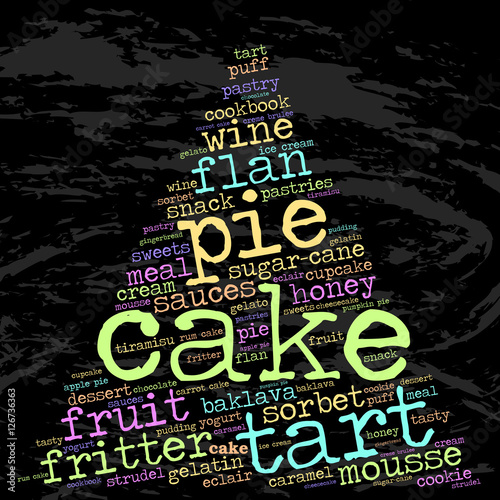Cake. Word cloud, pyramid, grunge background.  Food concept.