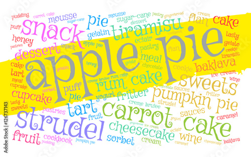Apple pie. Word cloud, yellow stripe, white background. Food concept.