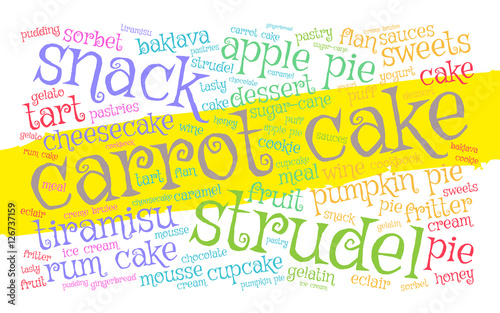 Carrot cake. Word cloud, yellow stripe, white background. Food concept.