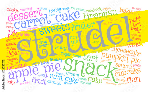 Strudel. Word cloud, yellow stripe, white background. Food concept.