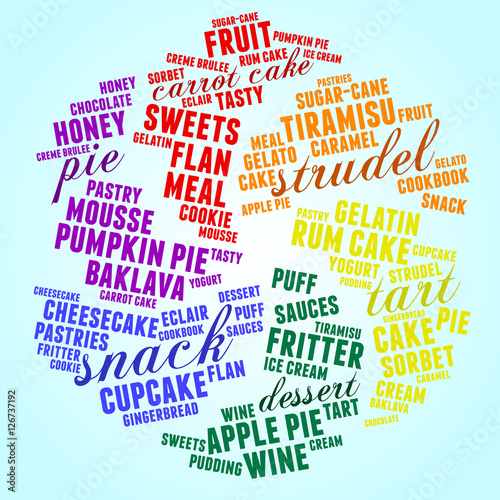 Snack. Word cloud, rainbow wheel, gradient blue background. Food concept. 
