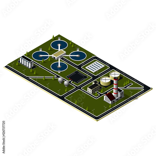 Isometric treatment plant. Purification factory complex. Concept of water purification. Isometric industrial buildings and objects.
