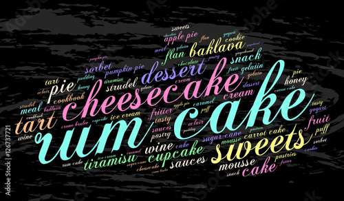 Rum cake. Word cloud, grunge background. Food concept.