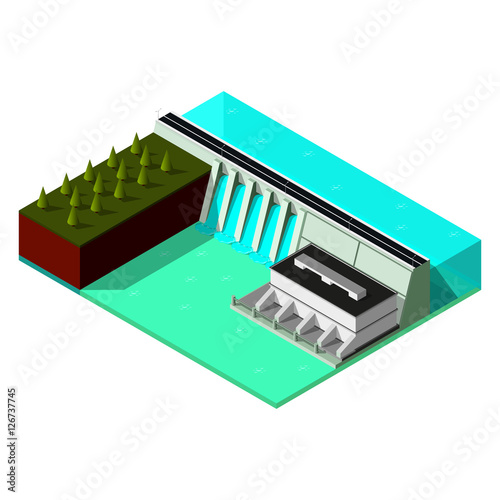 Isometric water power station. Hydroelectric power plant. 3d dam produces electricity. Isometric concept of renewable energy.