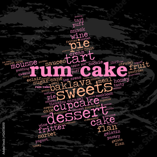 Rum cake. Word cloud, star, grunge background. Food for celebrities.