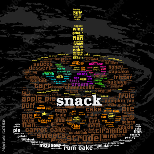 Snack. Word cloud, celebration cake with a candle, grunge background. Food concept.