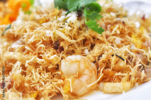 Mixed Crispy Rice Noodle with shrimp or Mi krop Srong Kreung in Thai language, Thai style food concept photo