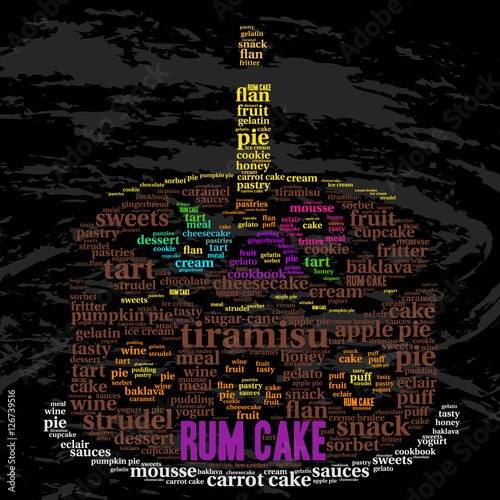 Rum cake. Word cloud, celebration cake with a candle, grunge background. Food concept.
