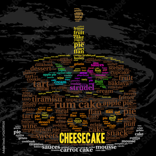Cheesecake. Word cloud, celebration cake with a candle, grunge background. Food concept.