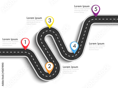 Road way location infographic template with pin pointer. Winding road on a colorful background. Stylish streamers. Vector EPS 10