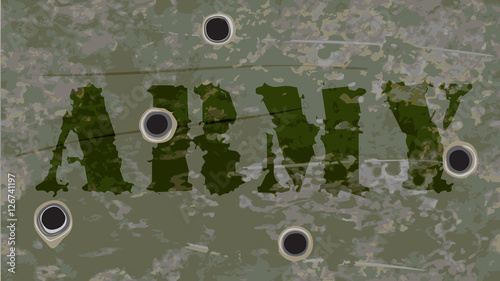 Army navy grunge vector background. Rusty iron pierced by bullets. Ratio 16:9.