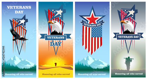 Veterans Day. Honoring all who served. Set greeting cards to veterans day. Vector colored Image.