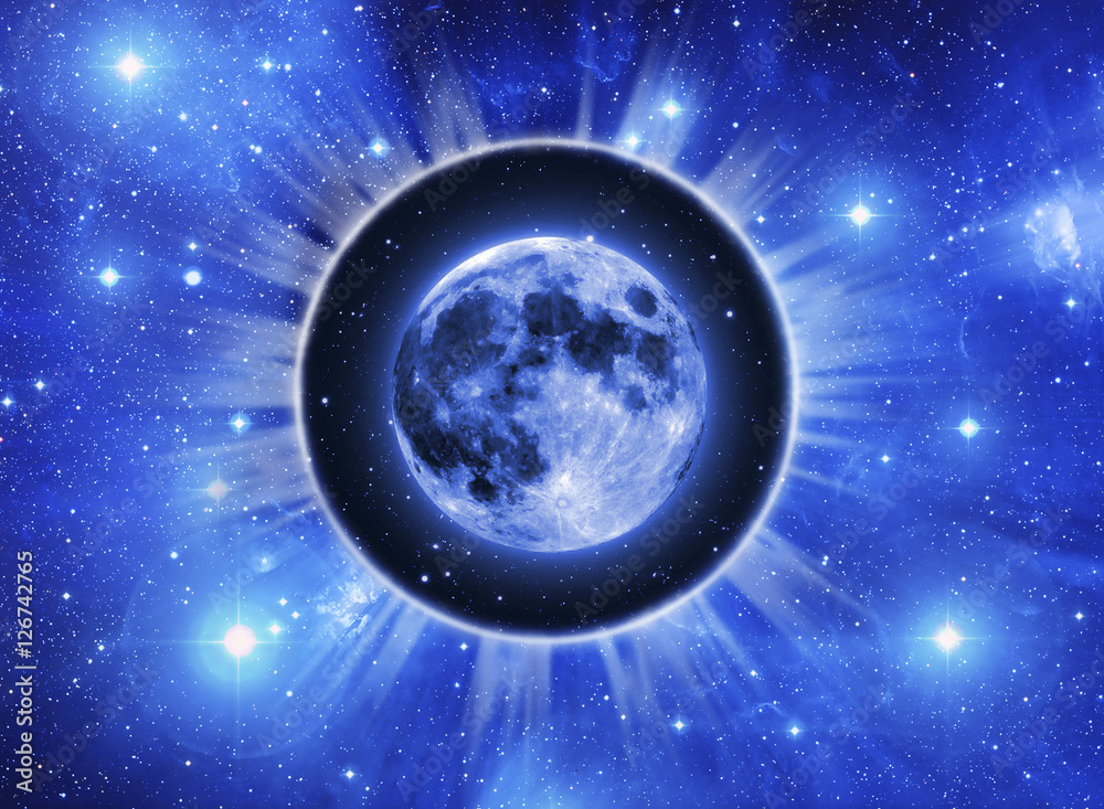 Fototapeta premium Moon in a light circle over starry Universe like a concept for Lunar astrology