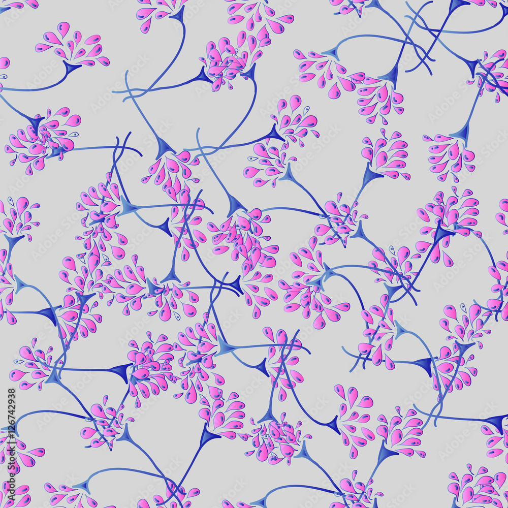 Vector seamless hand drawn pink blossom pattern on bright field.