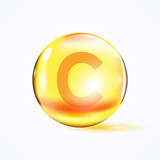 Shiny colored bowl, vitamin c, yellow capsule. Yellow bubble, realistic vector illustration
