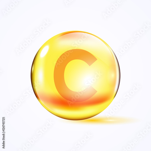 Fototapeta Naklejka Na Ścianę i Meble -  Shiny colored bowl, vitamin c, yellow capsule. Yellow bubble, realistic vector illustration