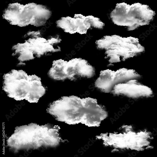 White clouds isolated over black background illustration set