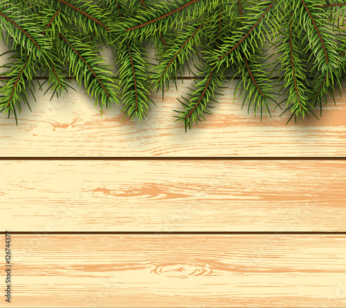 Christmas background fir tree on wooden board