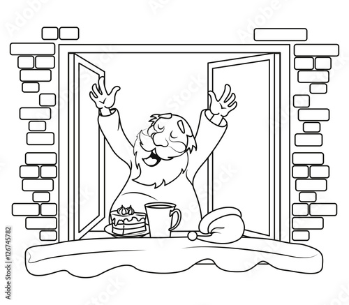 Santa Claus stretching in the morning at the open window