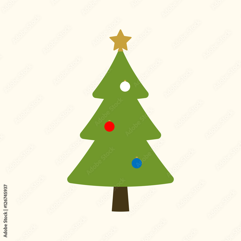 Christmas tree with balls, star. Cartoon icon. Green silhouette decoration sign, isolated on white background. Flat design. Symbol of holiday, Christmas, New Year celebration. Vector illustration Christmas tree with balls, star. Cartoon icon. Green silhouette decoration sign, isolated on white background. Flat design. Symbol of holiday, Christmas, New Year celebration. Vector illustration
