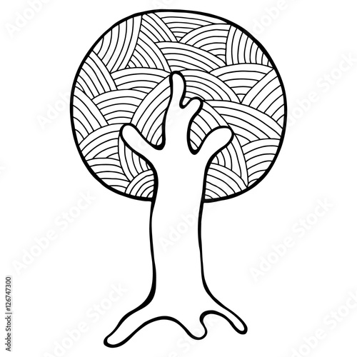 Vector hand drawn illustration, decorative ornamental stylized tree. Black and white graphic illustration isolated on the white background. Inc drawing silhouette. Decorative artistic ornamental wood
