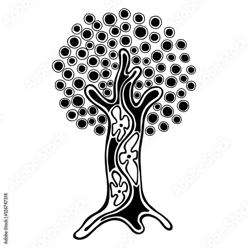 Vector hand drawn illustration, decorative ornamental stylized tree. Black and white graphic illustration isolated on the white background. Inc drawing silhouette. Decorative artistic ornamental wood