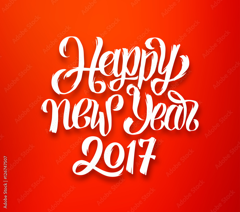 Happy New Year 2017 greeting card design with white handwritten text on red blurred background. Vector festive illustration for winter holidays greetings. Happy New Year 2017 greeting card design with white handwritten text on red blurred background. Vector festive illustration for winter holidays greetings.