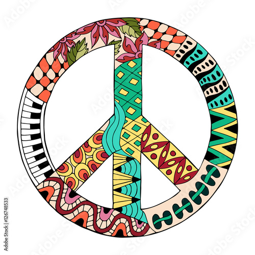Hippie vintage peace symbol in zentangle style