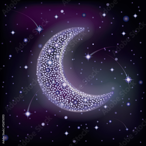 Starry moon in night sky, vector illustration