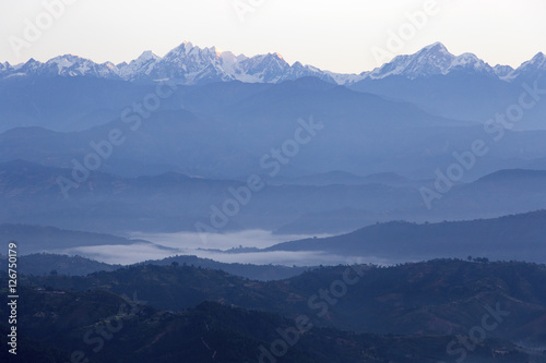 A view of the sun rising over the Himalayas from Dhulikhel, Nepal